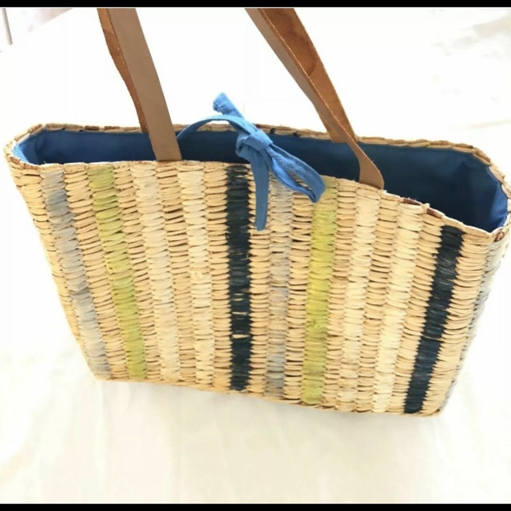 🔥 2/$20 Charter Club Handbag Straw Tote Leather Handles